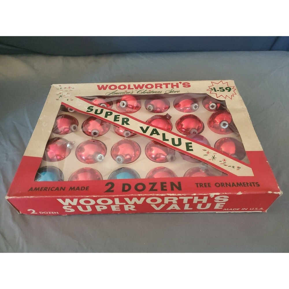 Vintage Christmas Shiny Brite USA Box 24 Woolworth’s Glass Ornaments